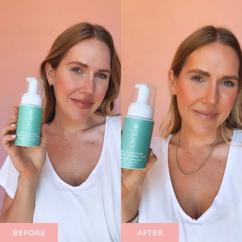 Before and after results showing Caley Seafoam Glow Self-Tanning Mousse creating a natural-looking sunless tan.
