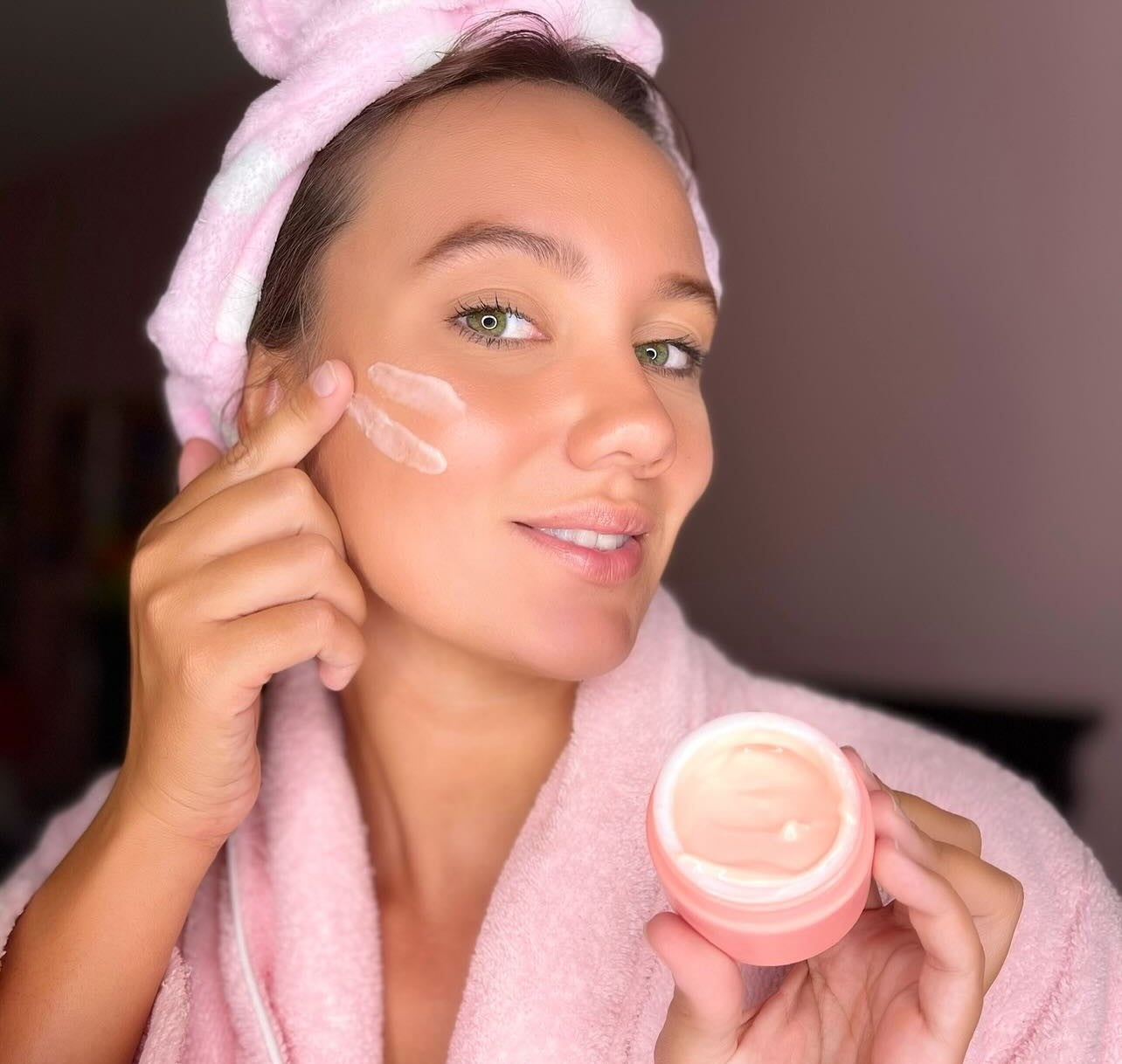Natural makeup glow on a woman, showcasing clean probiotic-infused beauty by Caley Cosmetics.