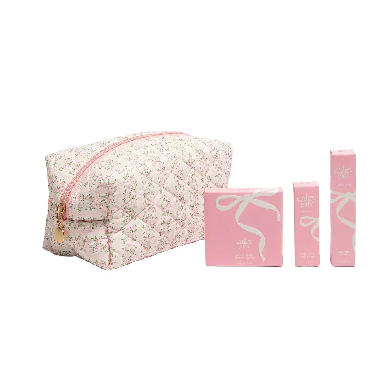 Caley Cosmetics girls' makeup kit featuring a floral cosmetic bag, Soft Glow cream compact, natural lipstick, and lip gloss gift set.