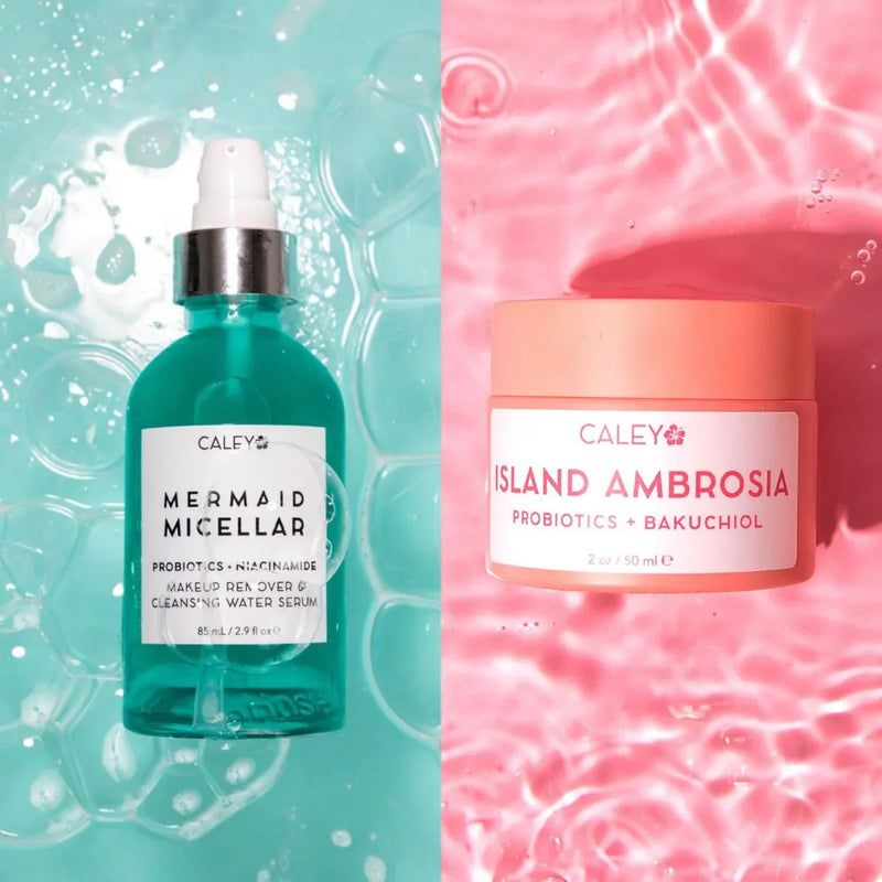 Caley Cosmetics Mermaid Micellar and Island Ambrosia Bakuchiol Moisturizer duo on teal and pink water.