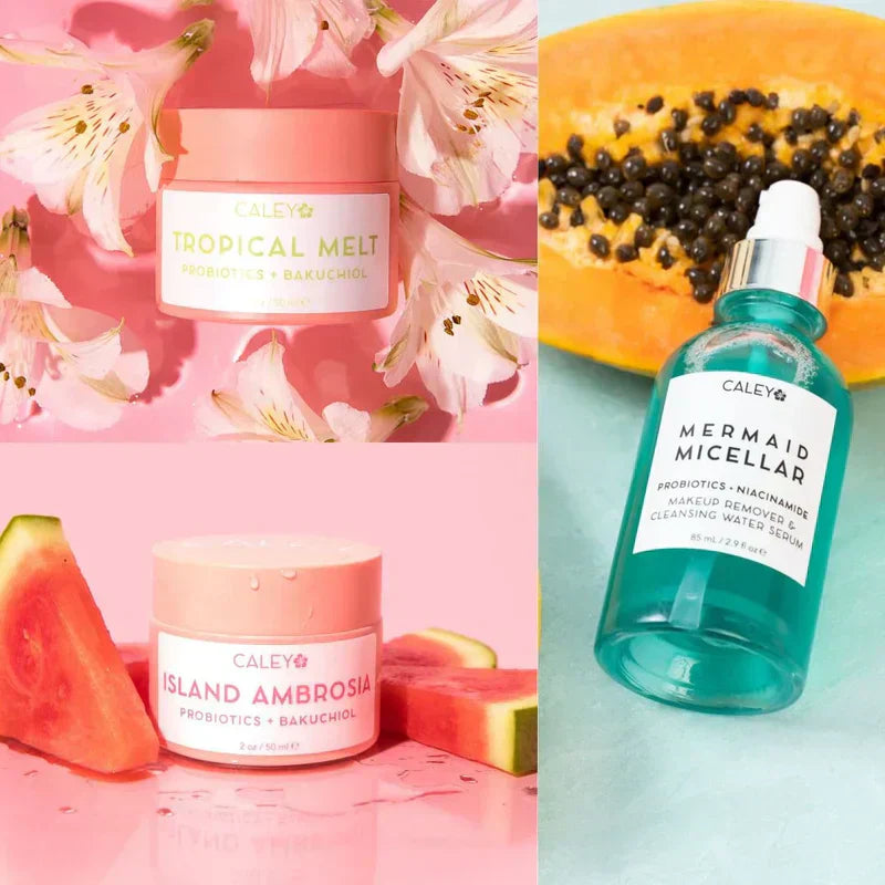 Caley Cosmetics Tropical Melt, Island Ambrosia, and Mermaid Micellar with fresh papaya and watermelon.
