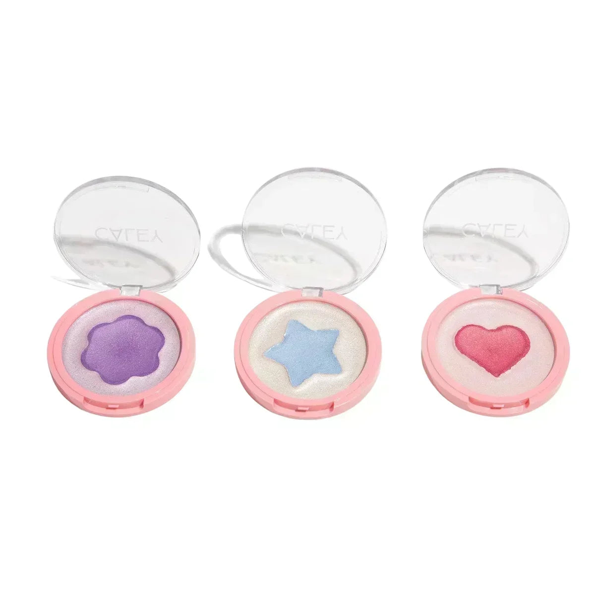 Caley Girls Soft Glow cream makeup in heart, star, and flower shapes with pink bow packaging.
