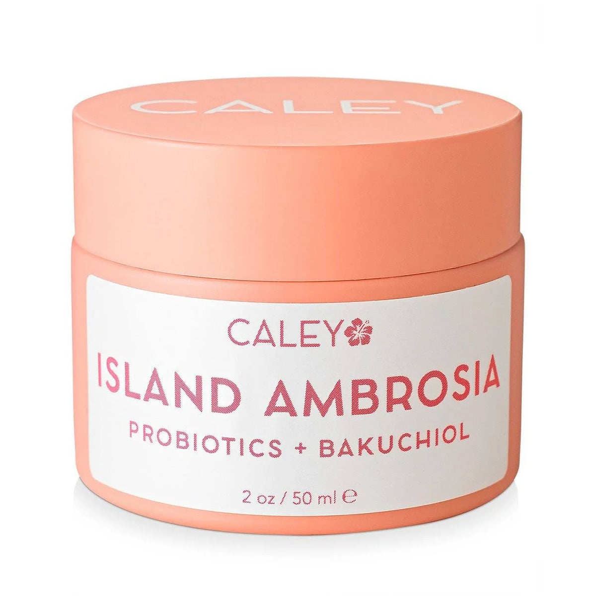 Island Ambrosia Bakuchiol Moisturizer by Caley Cosmetics in a white jar, featuring probiotics, bakuchiol, and tropical botanical extracts for hydration and anti-aging skincare.