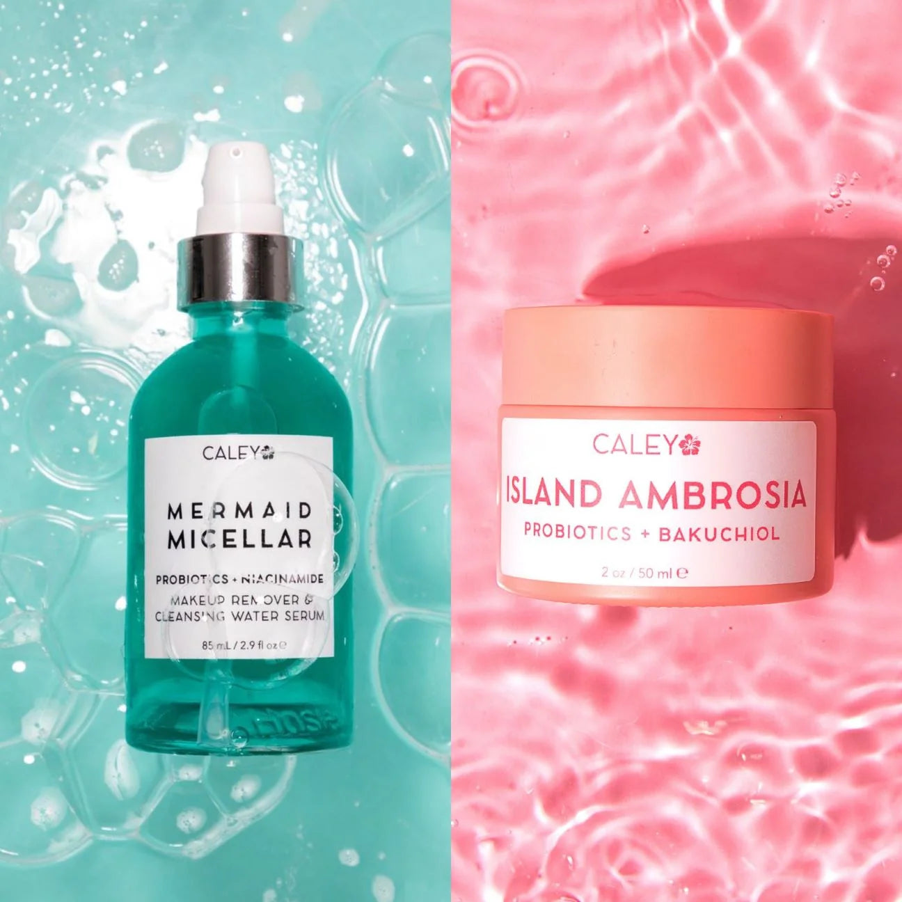 Elevate your skincare game!  Grab the ultimate bundle: Mermaid Micellar Cleansing Water Serum & Island Ambrosia Bakuchiol Moisturizer by Caley Cosmetics—only $76! Clean, natural beauty at its finest! 