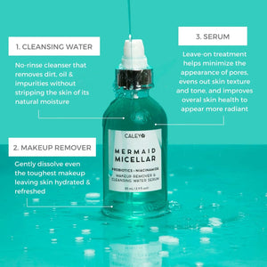 Enhance your skincare routine with Mermaid Micellar Cleansing Water Serum Face by Caley Cosmetics, the premier clean natural brand for skincare and makeup. Discover gentle yet effective cleansing for a radiant complexion. Elevate your beauty regimen with Caley Cosmetics,  for quality and purity.