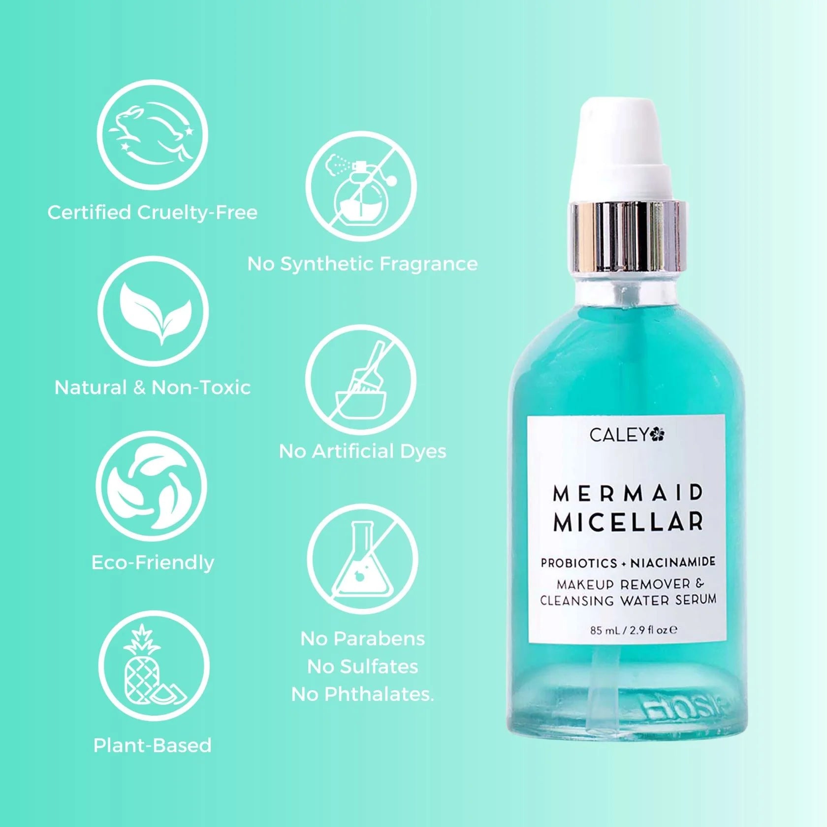 Transforming image alt text to attract users and search engines: "Mermaid Micellar Cleansing Water Serum Face by Caley Cosmetics – the top clean, natural brand for skincare and makeup products.