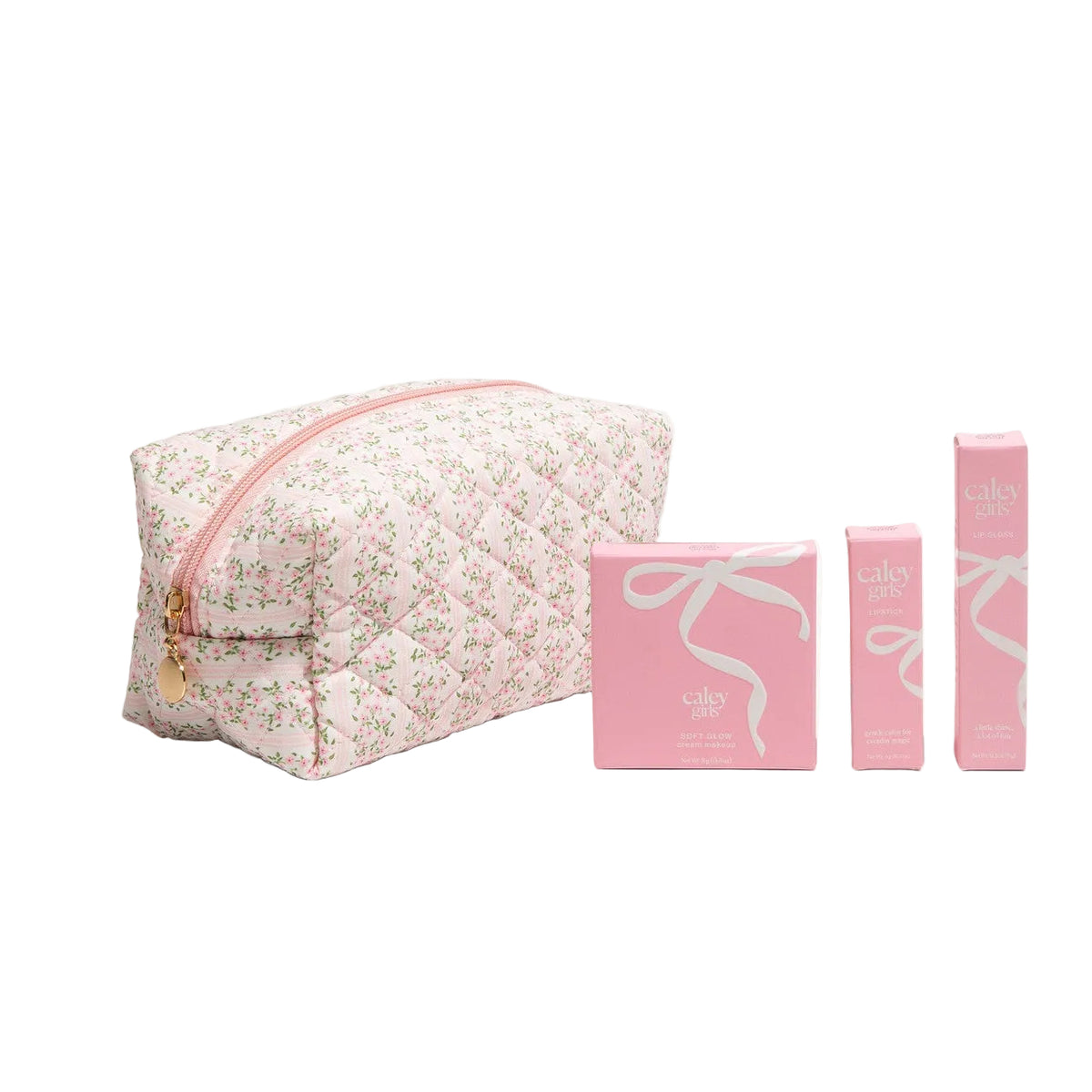 Caley Cosmetics Color Play Repeat Natural Makeup Kit for Girls with lipstick, lip gloss, Soft Glow cream compact, and a floral makeup bag.