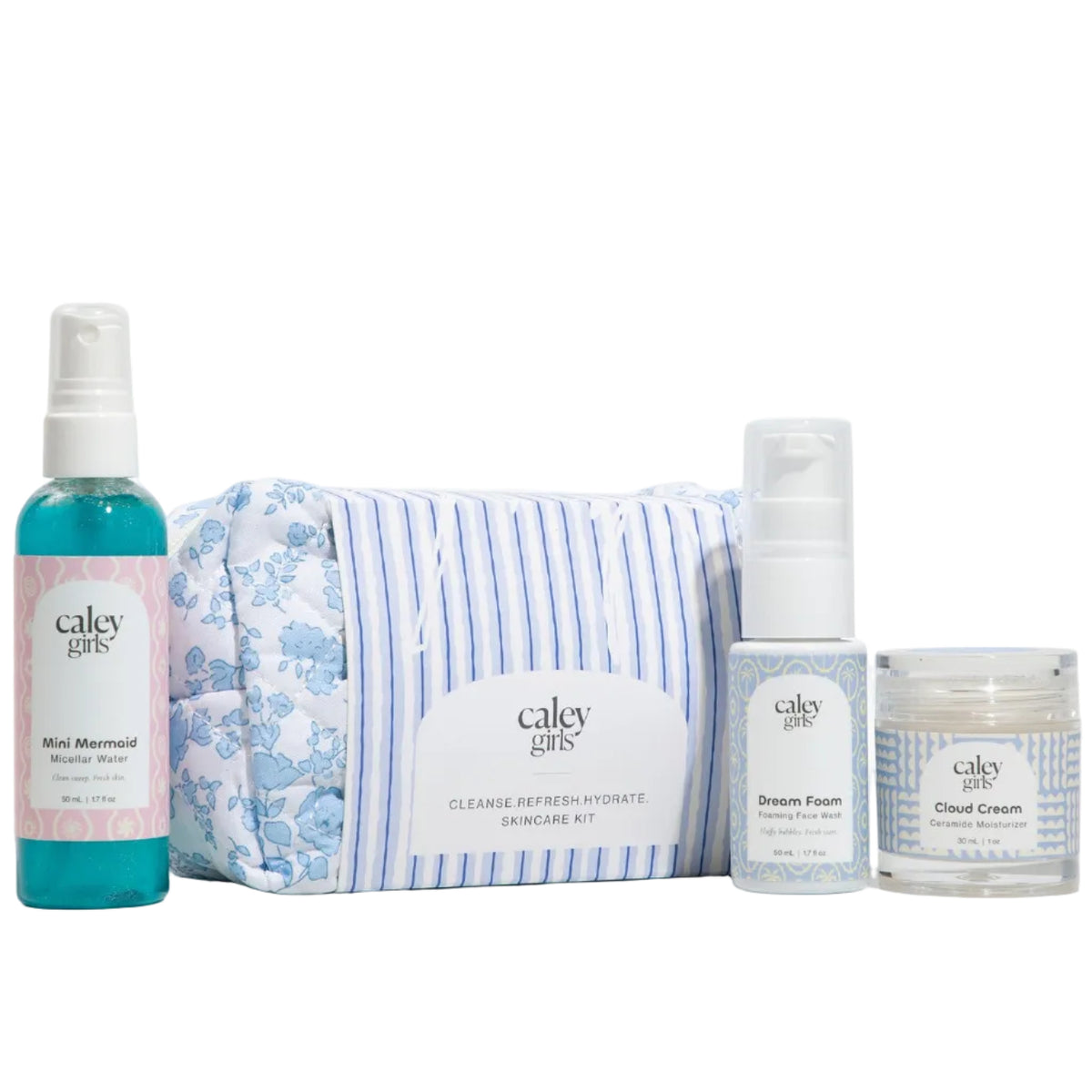 Caley Cosmetics Cleanse Refresh Hydrate Kit for kids and tweens with Dream Foam Cleanser, Mermaid Micellar, Cloud Cream Moisturizer, and a floral toiletry bag.